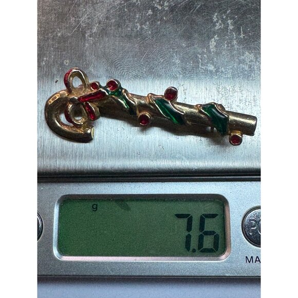 Estate Holiday Candy Cane Key Brooch, Red Green Enamel, 2" Gold Tone, 7.6g - Picture 5 of 5